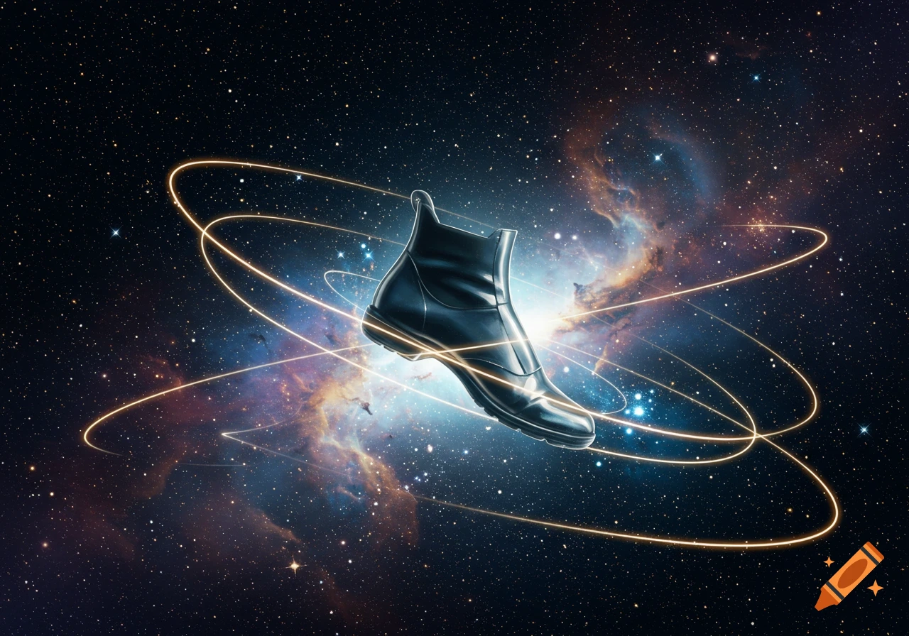 A dark, polished boot floats amidst stars and nebulae, encircled by bright golden light trails in space.