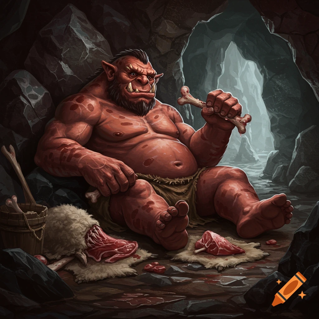 A large, red-skinned cave troll sits in a damp cave, eating a bone amidst raw meat and fur pelts.