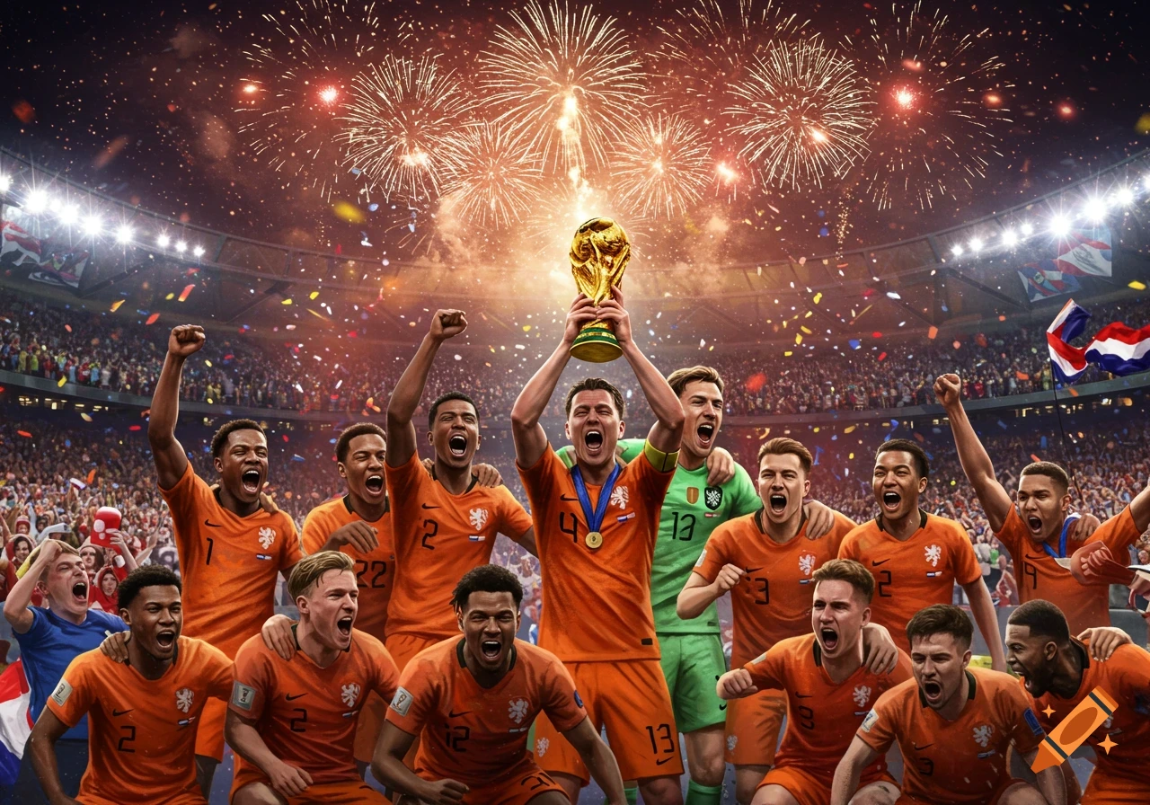 Dutch football team celebrates winning the World Cup trophy in a packed stadium with fireworks and confetti.