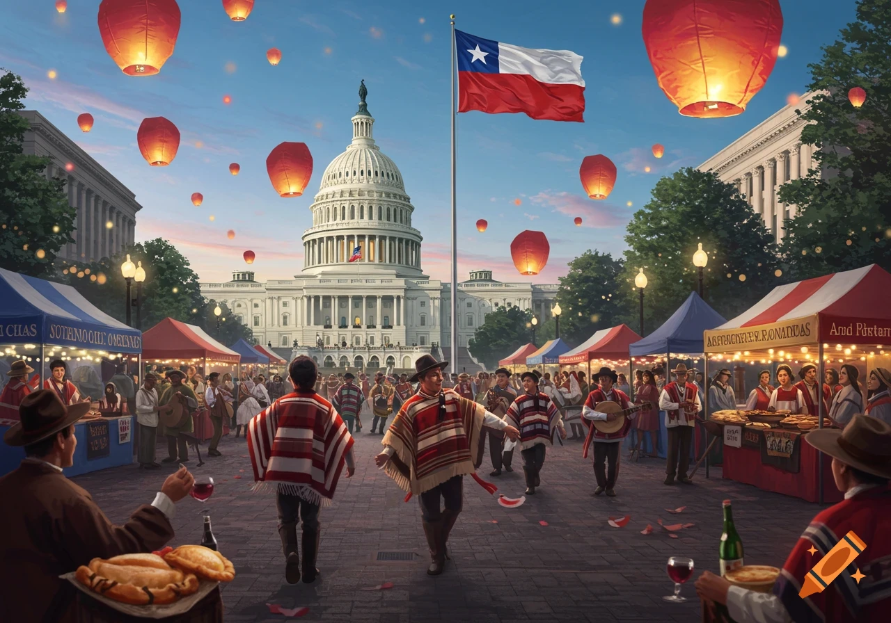 A vibrant Chilean festival with people in traditional ponchos, market stalls, and sky lanterns, in front of a grand capitol building with a Chilean flag.