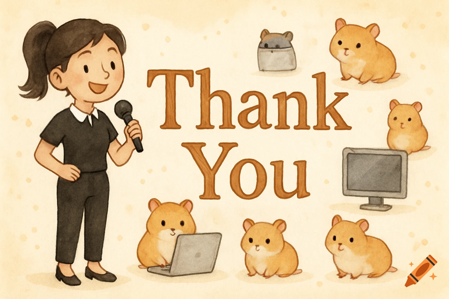 Watercolor illustration of a teacher with a microphone, large 'Thank You' text, and cute hamsters interacting with computers.