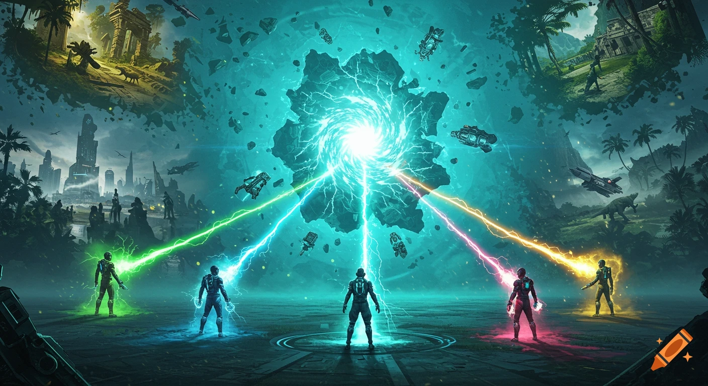 Five futuristic warriors channel colored energy beams into a swirling turquoise cosmic vortex amidst fragmented realities of a city, ruins, and jungle.