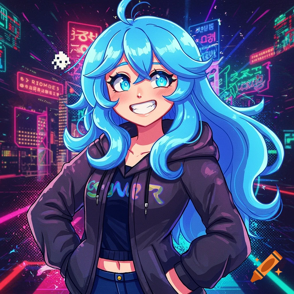 Anime girl with bright blue hair and a dark hoodie smiles in a neon-lit cyberpunk cityscape.