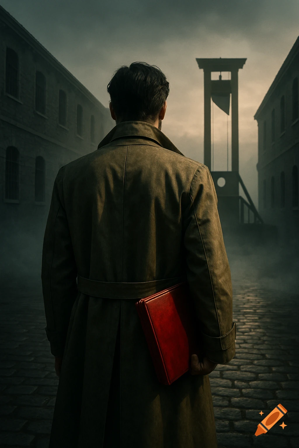 Photorealistic image of a man in a coat, back to viewer, holding a red book, standing in a foggy prison courtyard with a guillotine in the distance.