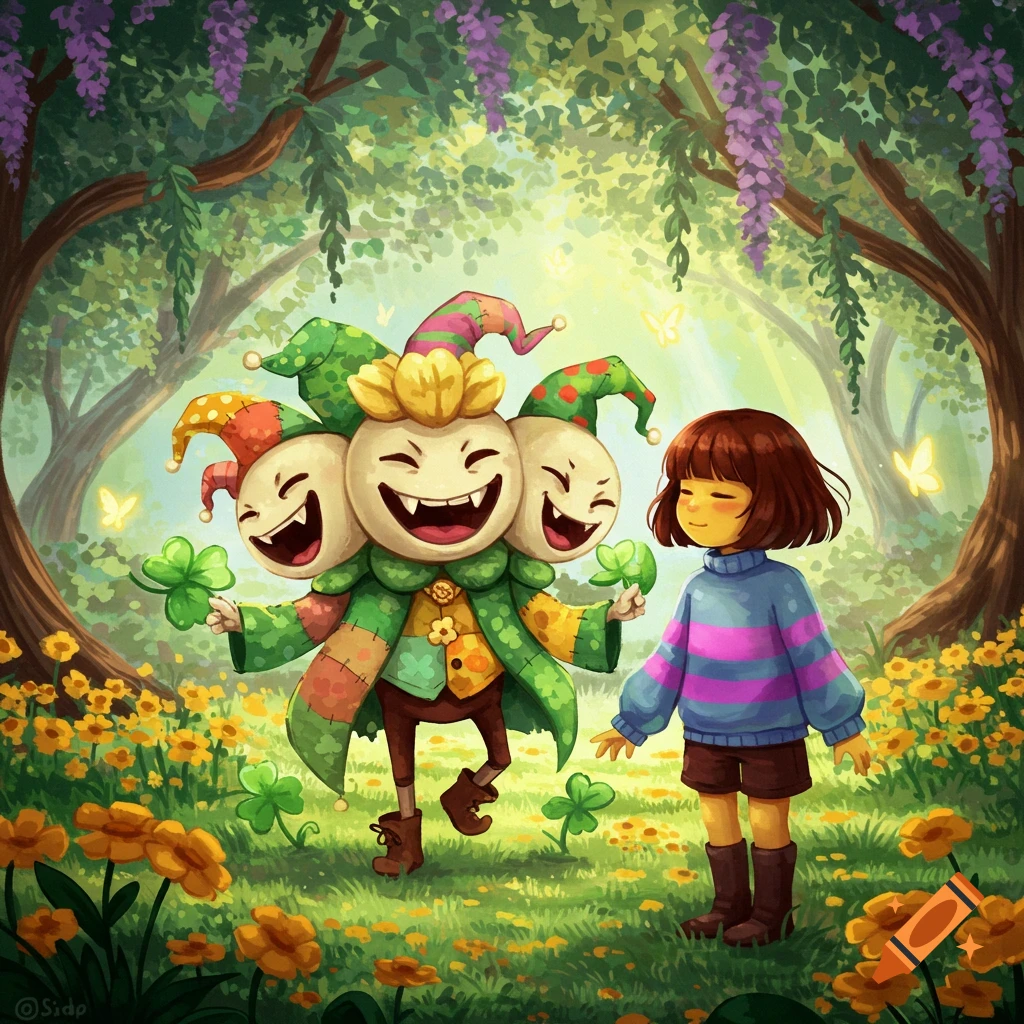 Frisk and a three-headed jester-like character hold clovers in a vibrant fantasy forest.