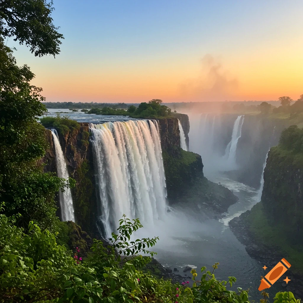 A majestic waterfall cascades into a misty gorge at sunset, framed by lush green foliage.