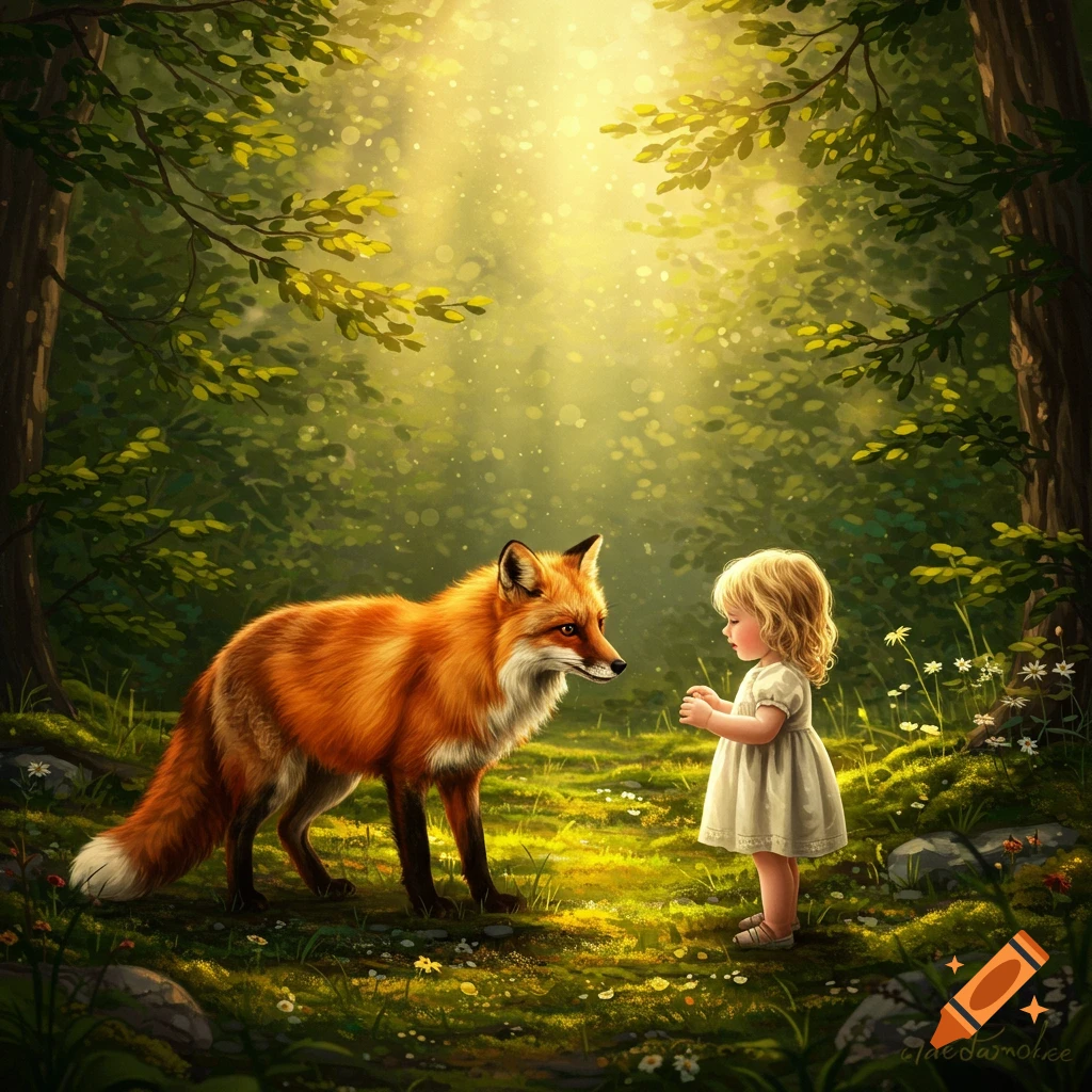 A cute red fox stands opposite a little blonde girl in a sun-dappled magical forest.