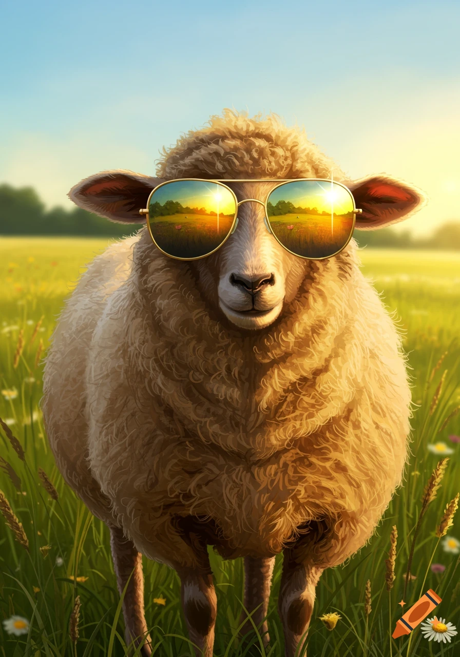 A sheep wearing aviator sunglasses stands in a sunny, green field with wildflowers, with a sunset reflected in its lenses.