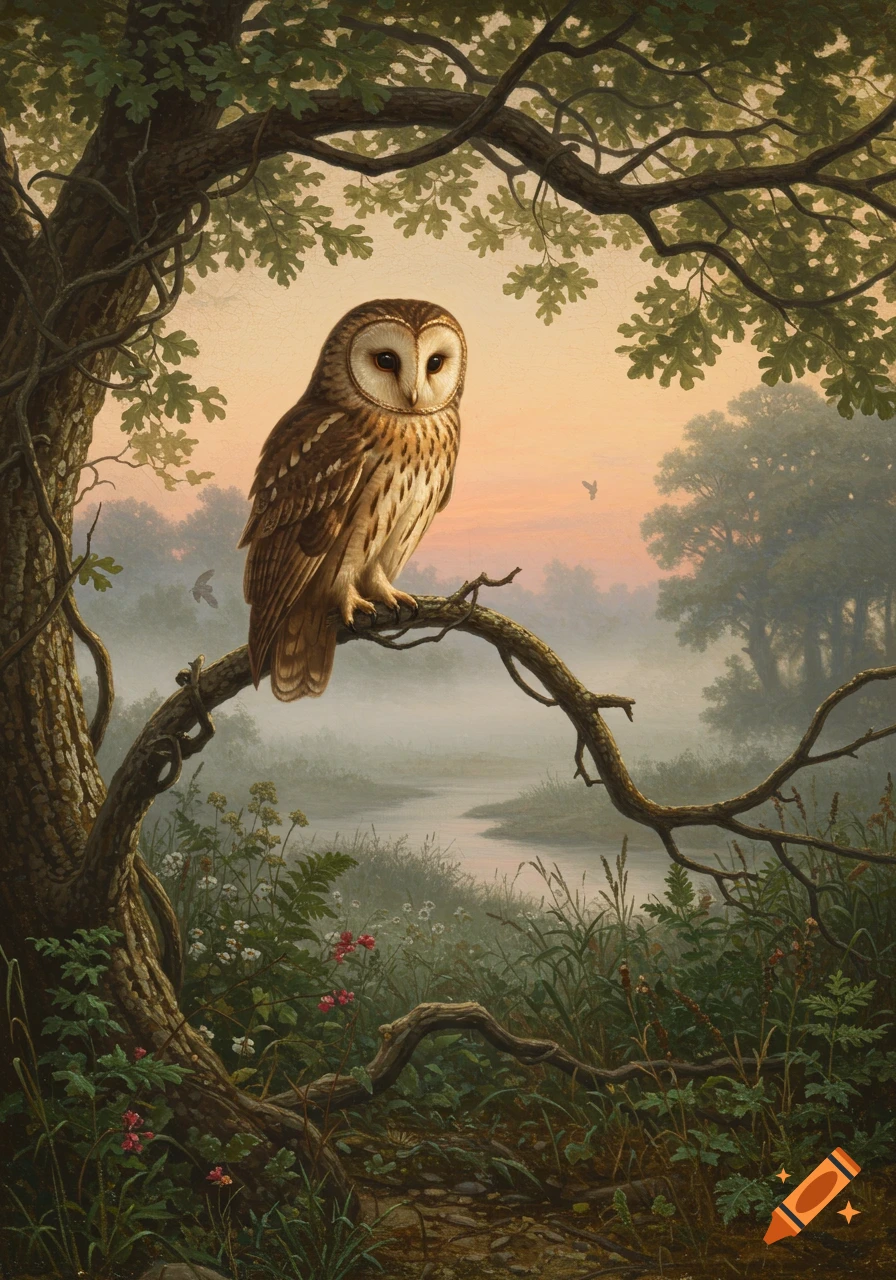 A highly detailed romanticism era painting of a barn owl perched on a tree branch overlooking a misty river at dawn.