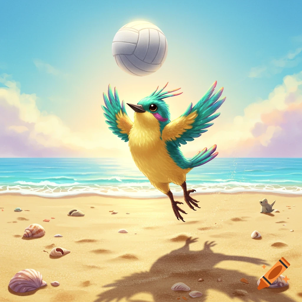 A colorful, cartoonish bird leaps to hit a volleyball on a sunny beach with the ocean in the background.