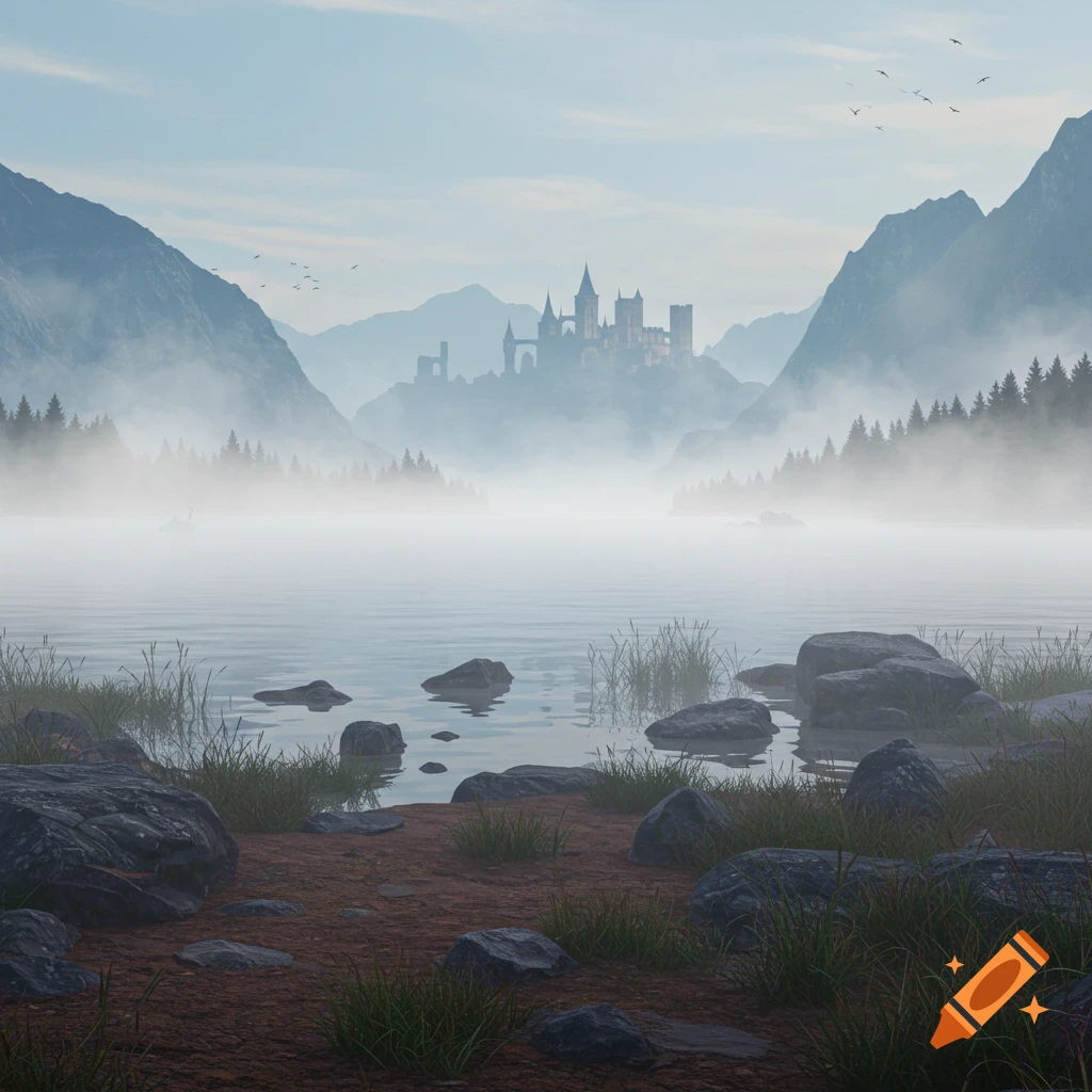 A misty lake with rocks and grass in the foreground, mountains shrouded in fog, and a large castle perched on a distant peak.