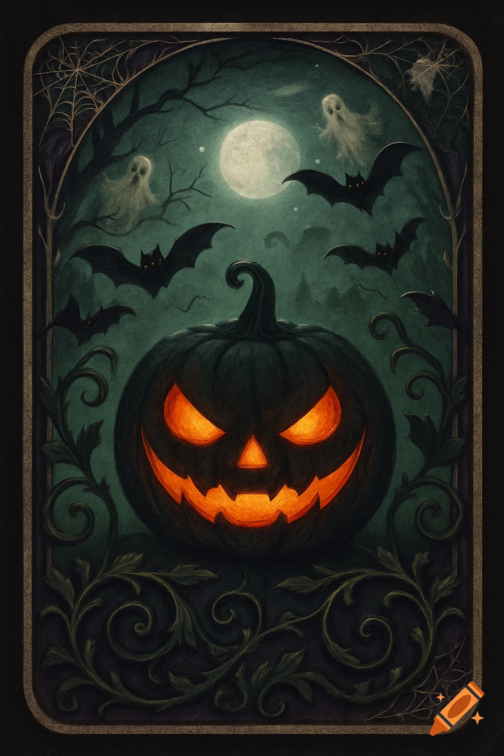 An eerie Halloween illustration with a glowing jack-o'-lantern, bats, and ghosts under a full moon, framed by decorative vines.