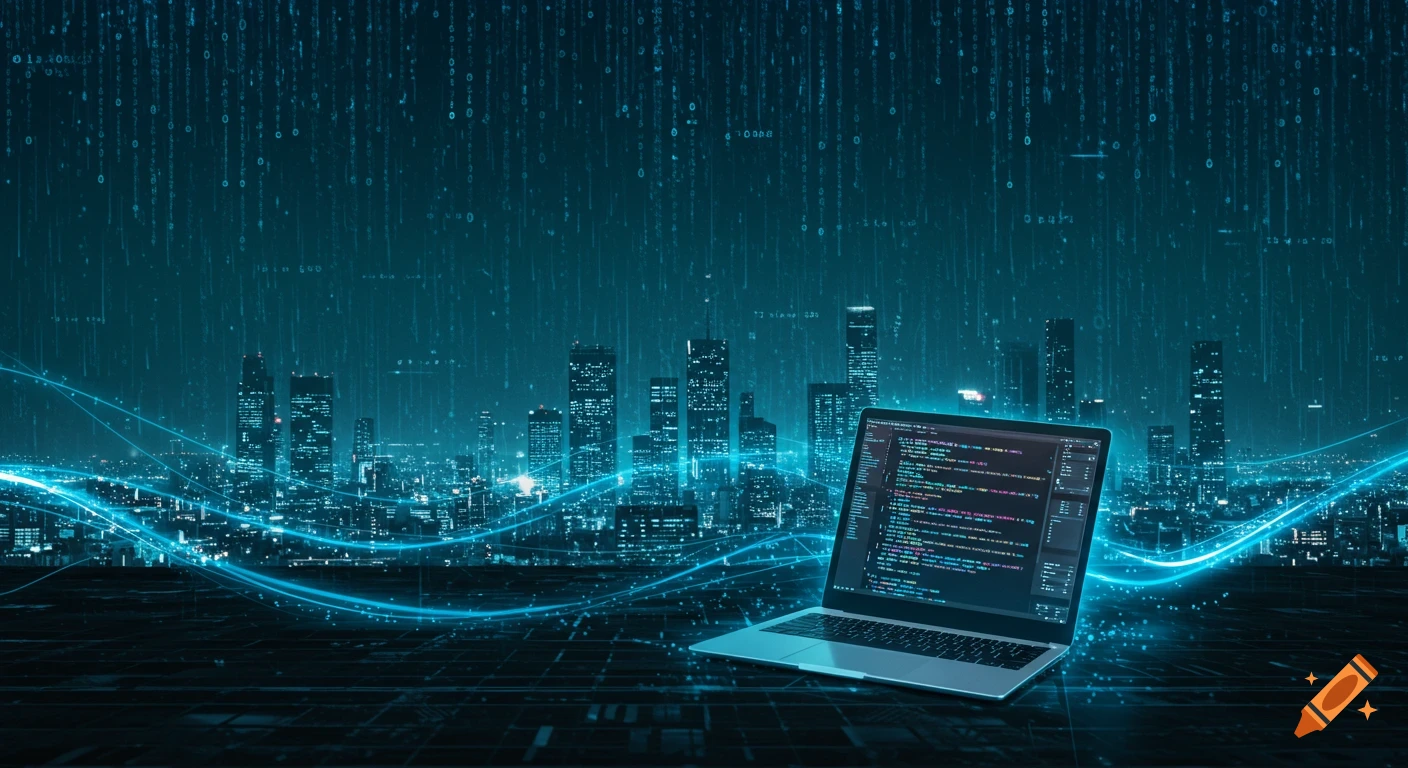 A laptop displaying code on a screen, set against a dark, futuristic cityscape with glowing blue data streams and falling binary code.