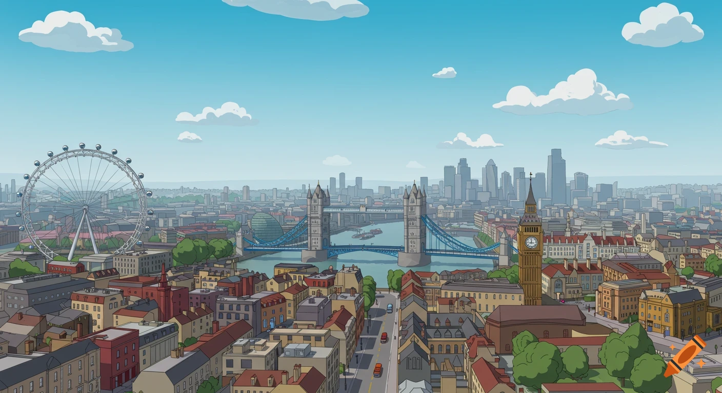 Minimalist 2D cartoon aerial view of London featuring the London Eye, Tower Bridge, and Big Ben under a clear blue sky.