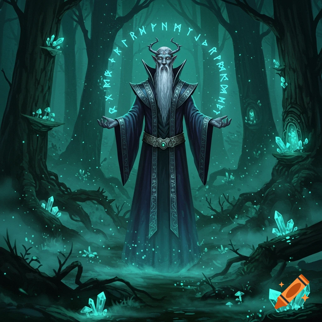 An old horned wizard with a long white beard, wearing a dark robe, stands in a magical, glowing teal forest with floating runes and crystals.