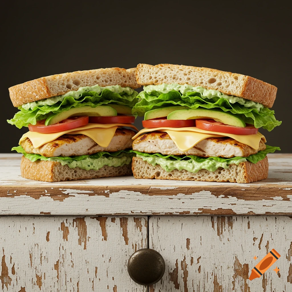 Two grilled chicken sandwiches with lettuce, tomato, avocado, and cheese, on a distressed white wooden cupboard.