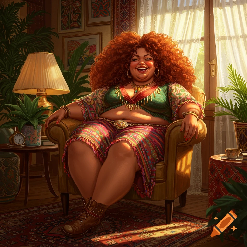A smiling, plus-sized woman with voluminous red hair sits comfortably in a sunlit, bohemian-style room filled with plants and patterned decor.