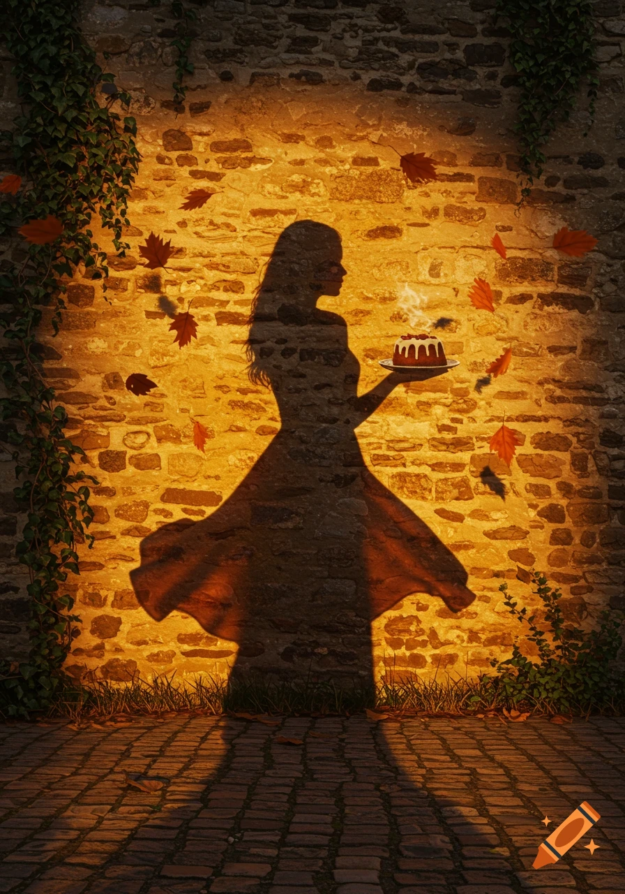 Silhouette of a woman holding a steaming cake, projected on a golden illuminated stone wall with ivy, falling autumn leaves, and a cobblestone ground.