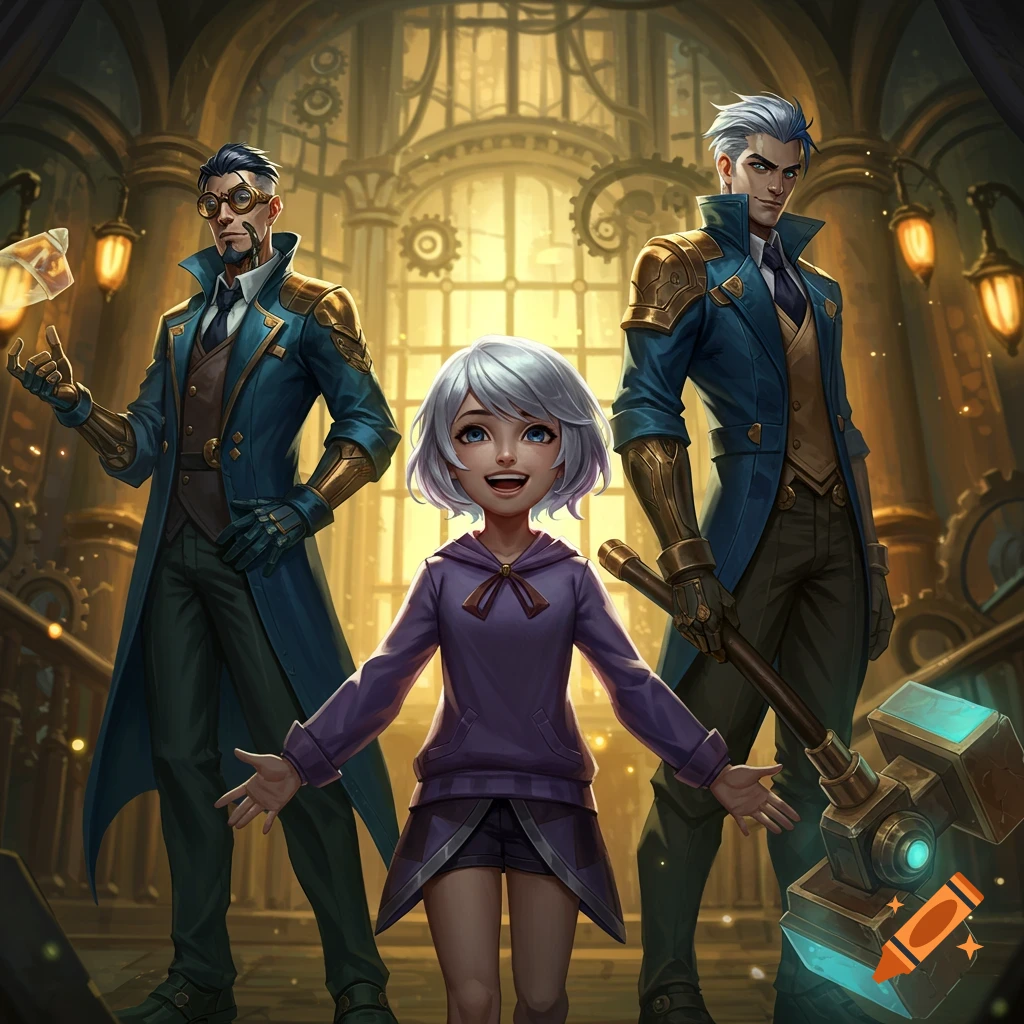 A smiling girl with gray hair stands between two men in steampunk coats inside an ornate, gear-filled hall.