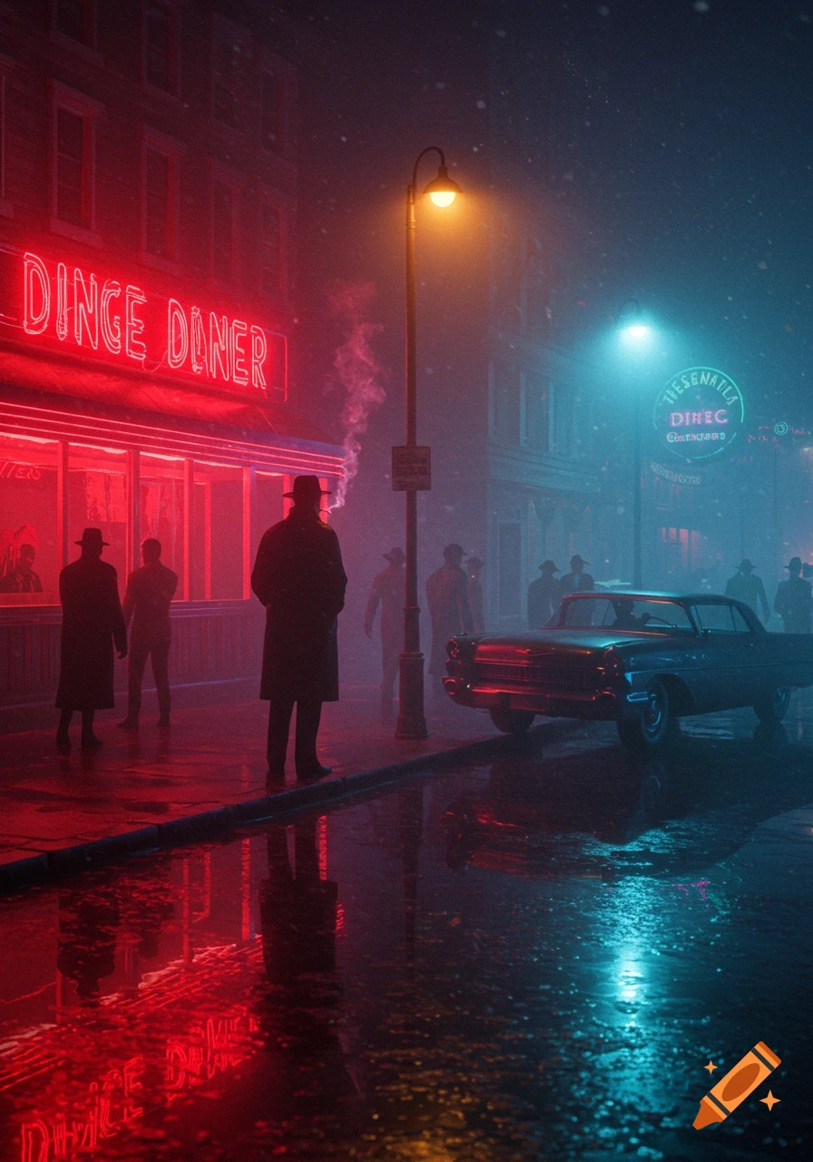 A dark, rainy night street scene with figures in trench coats, a vintage car, and glowing red and blue neon signs.