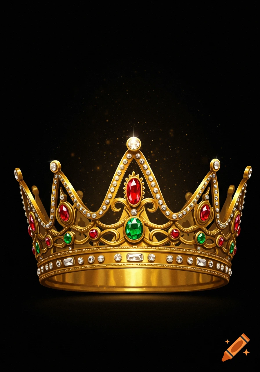 A golden crown adorned with red, green, and clear jewels, sparkling on a black background.