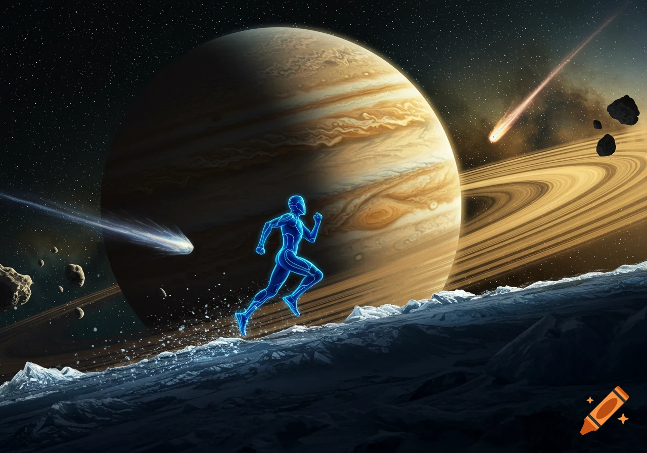 A glowing blue futuristic runner sprints across a moonscape with Jupiter and Saturn's rings in the starry background.