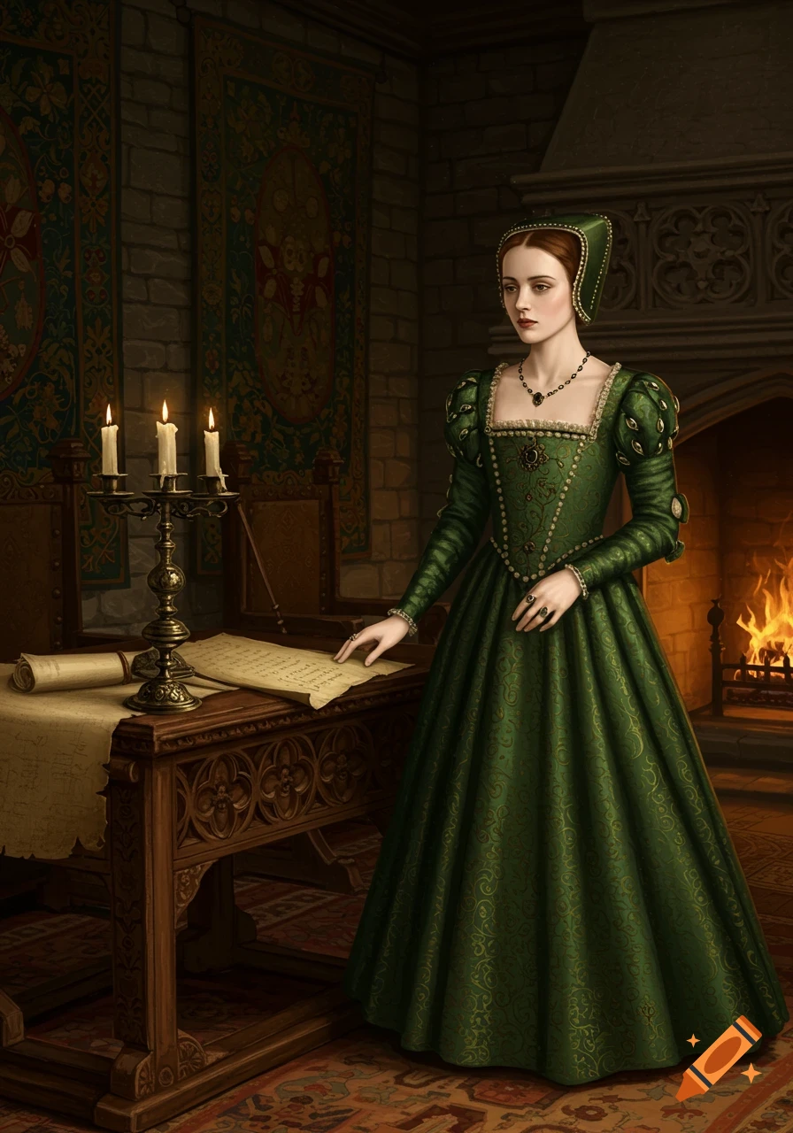 A woman in a rich green Tudor-era gown stands beside a candlelit wooden desk in a grand stone room with a fireplace.