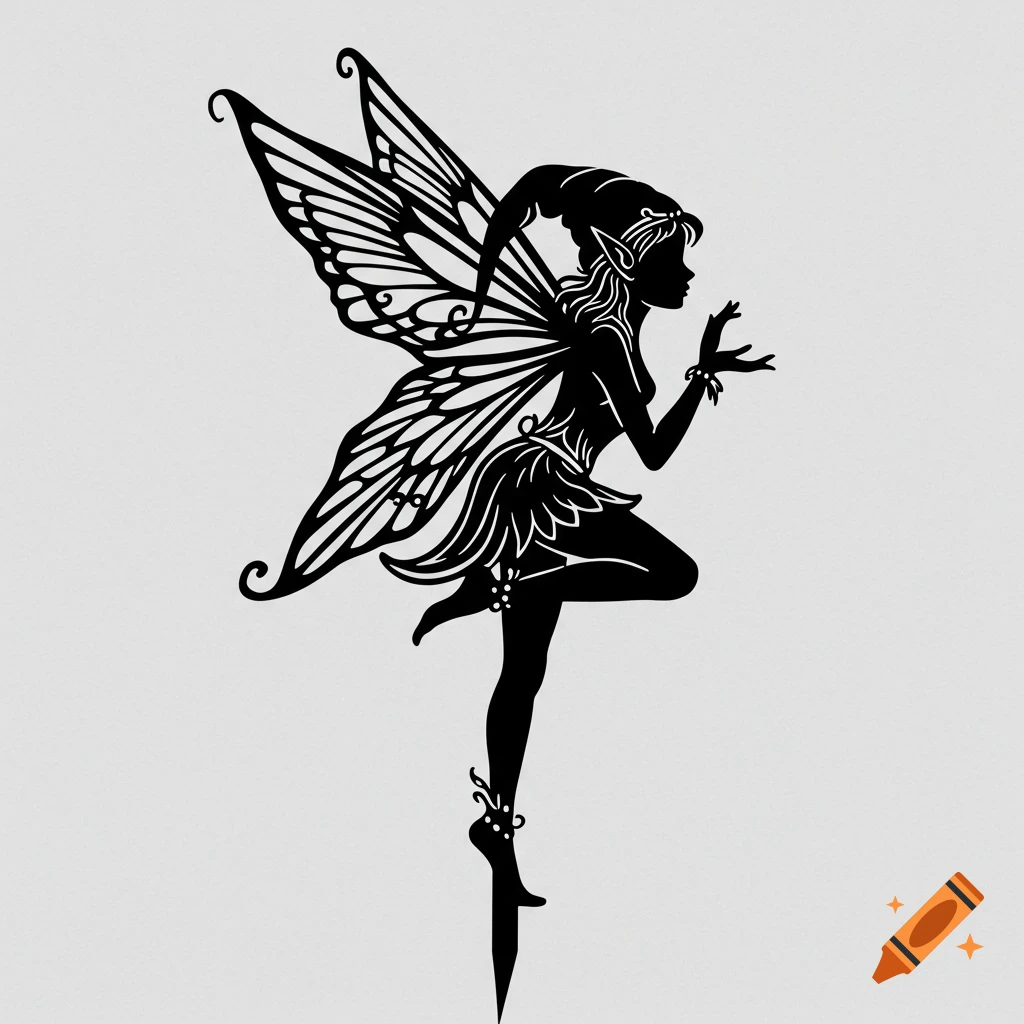 Black silhouette of a fairy with intricate wings, a pointed hat, and a decorative skirt, posed on one leg with a garden stake base.