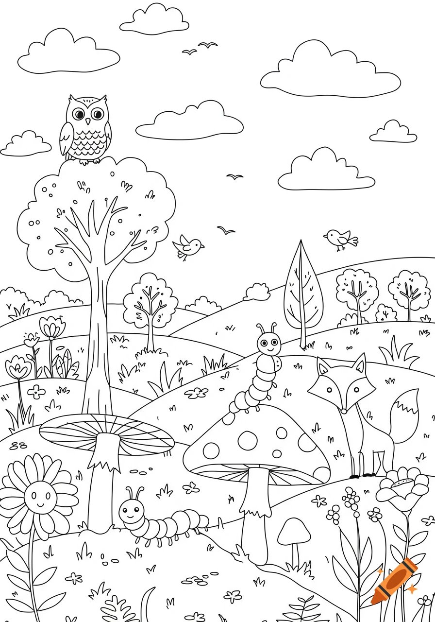 Black and white line drawing of a whimsical forest scene with an owl, fox, caterpillars, birds, trees, flowers, and mushrooms.