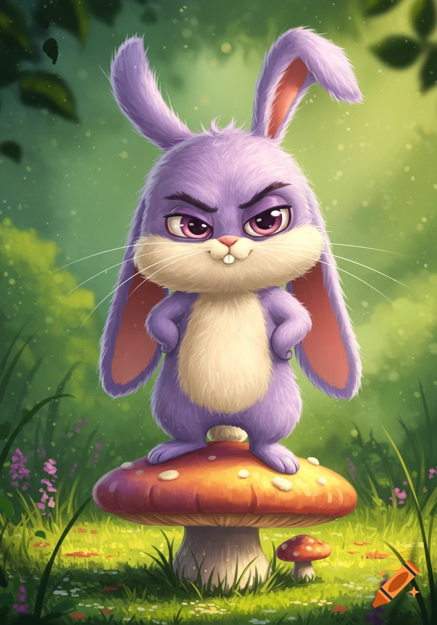 A cute, grumpy purple bunny stands on a mushroom in a green forest, cartoon style.