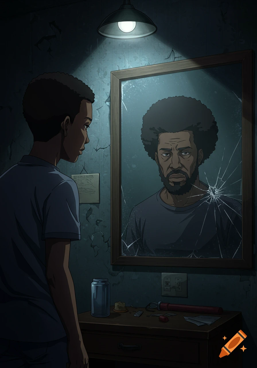 A young Black man with short hair looks into a broken mirror, reflecting an older, bearded man with an afro in a dark, grimy room. Anime style.