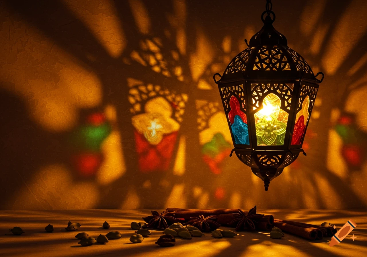 A Moroccan lantern with colorful glass casts intricate shadows on an ochre wall, surrounded by cardamom and cinnamon sticks.