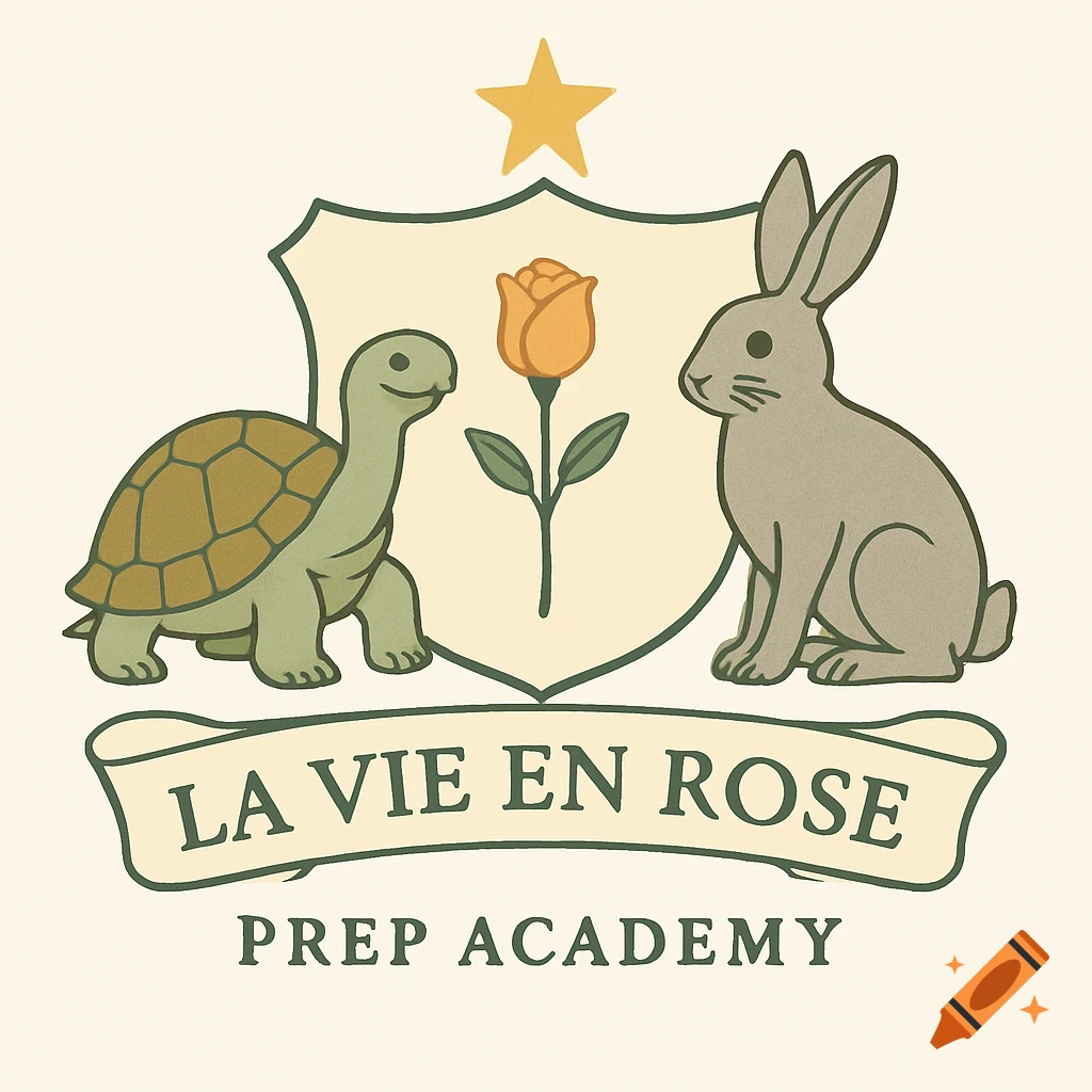 A heraldic-style logo for La Vie En Rose Prep Academy, with a tortoise, rose, and rabbit on a shield, topped by a star.