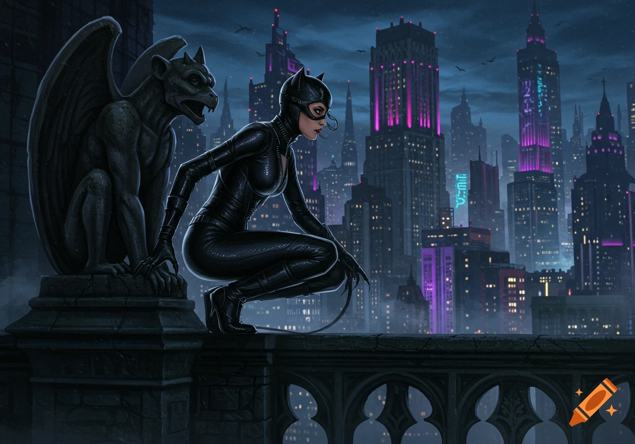 Catwoman in a black catsuit crouches beside a gargoyle on a gothic rooftop, overlooking a neon-lit city at night.