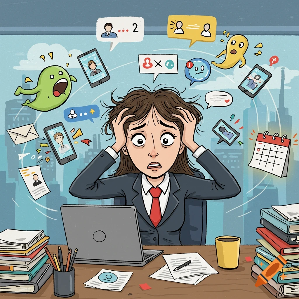 Cartoon of a stressed female executive with messy hair, holding her head at a desk surrounded by a laptop, paperwork, and numerous floating digital notification icons and devices.