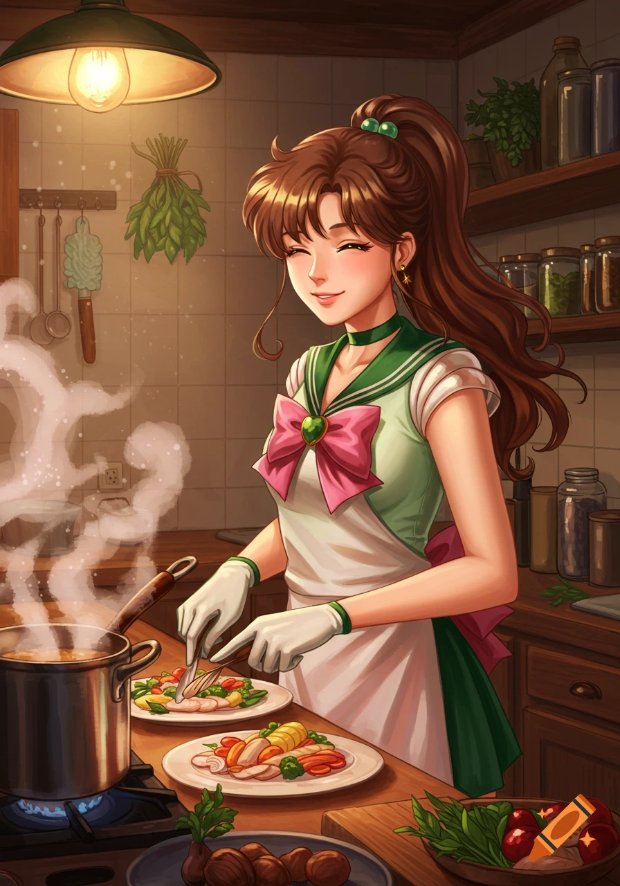 Anime-style Sailor Jupiter cooking dinner in a cozy kitchen.
