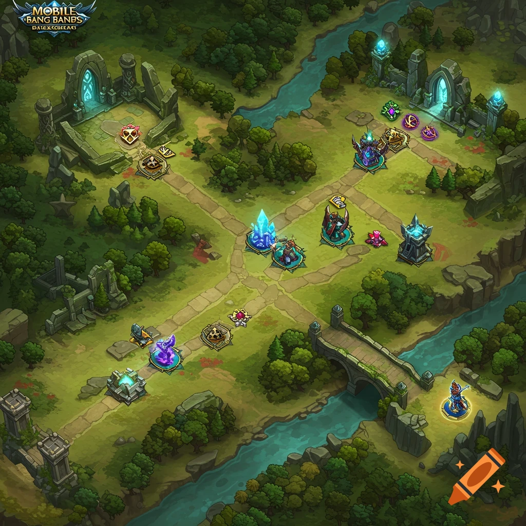 A stylized, top-down fantasy game map with paths, a river, structures, and forest.