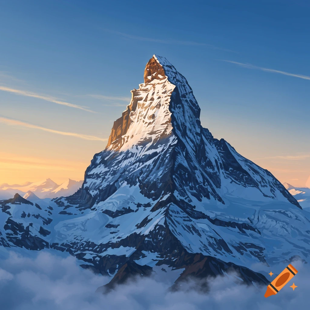 A majestic snow-capped mountain peaks above clouds, bathed in the warm glow of sunrise or sunset.