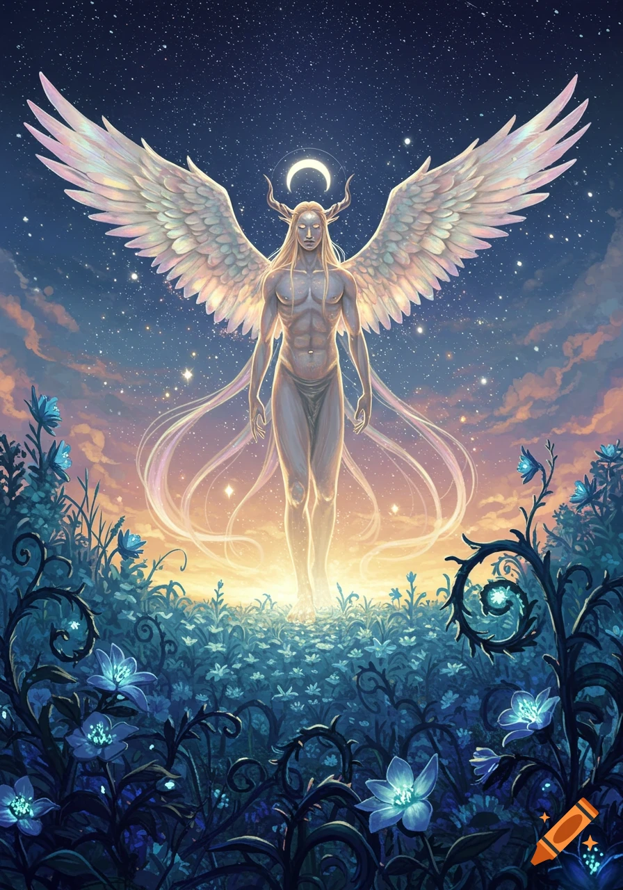 An ethereal winged figure with horns and a moon halo walks through glowing blue flowers under a starry, sunset sky, in a fantasy digital painting.