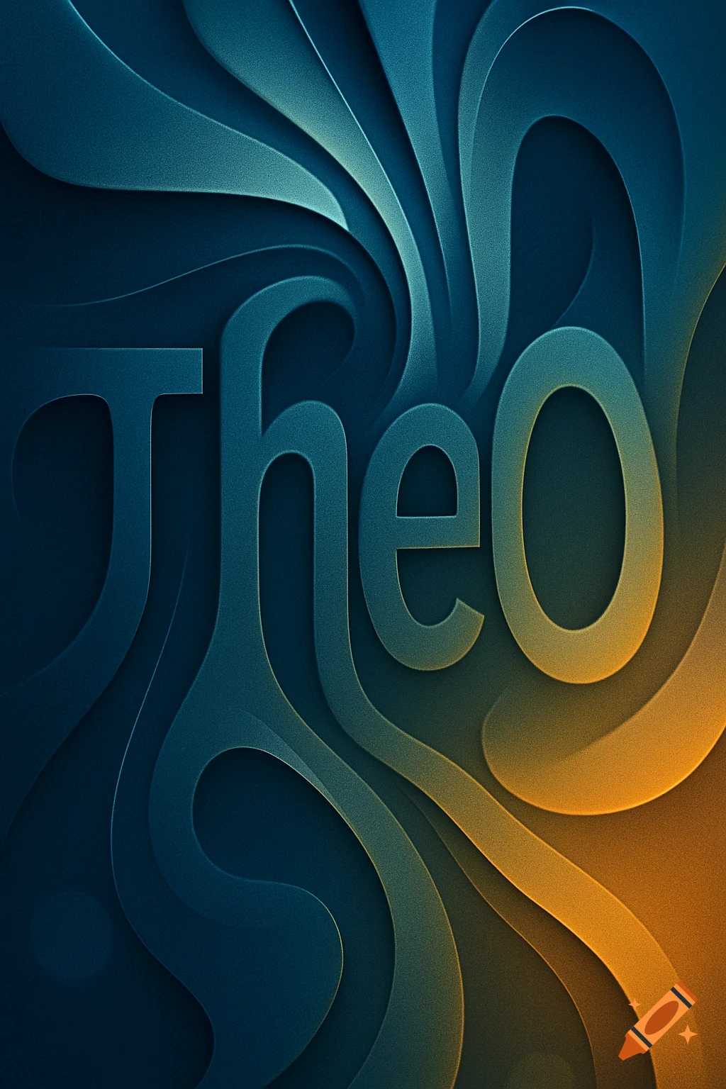 Abstract blue and orange gradient design with the word Theo integrated into swirling paper-cut style layers.