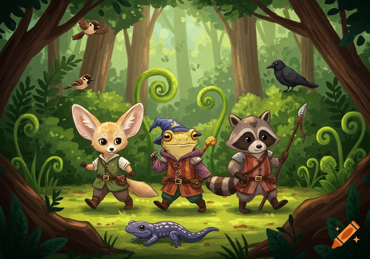 Cartoon fennec fox, wizard frog, and raccoon adventurers in a forest with a salamander and birds.