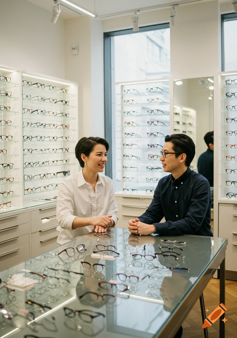 Two people are sitting at a glass table in an optician's office, surrounded by shelves of eyeglasses. They are looking at each other and smiling, engaged in conversation.