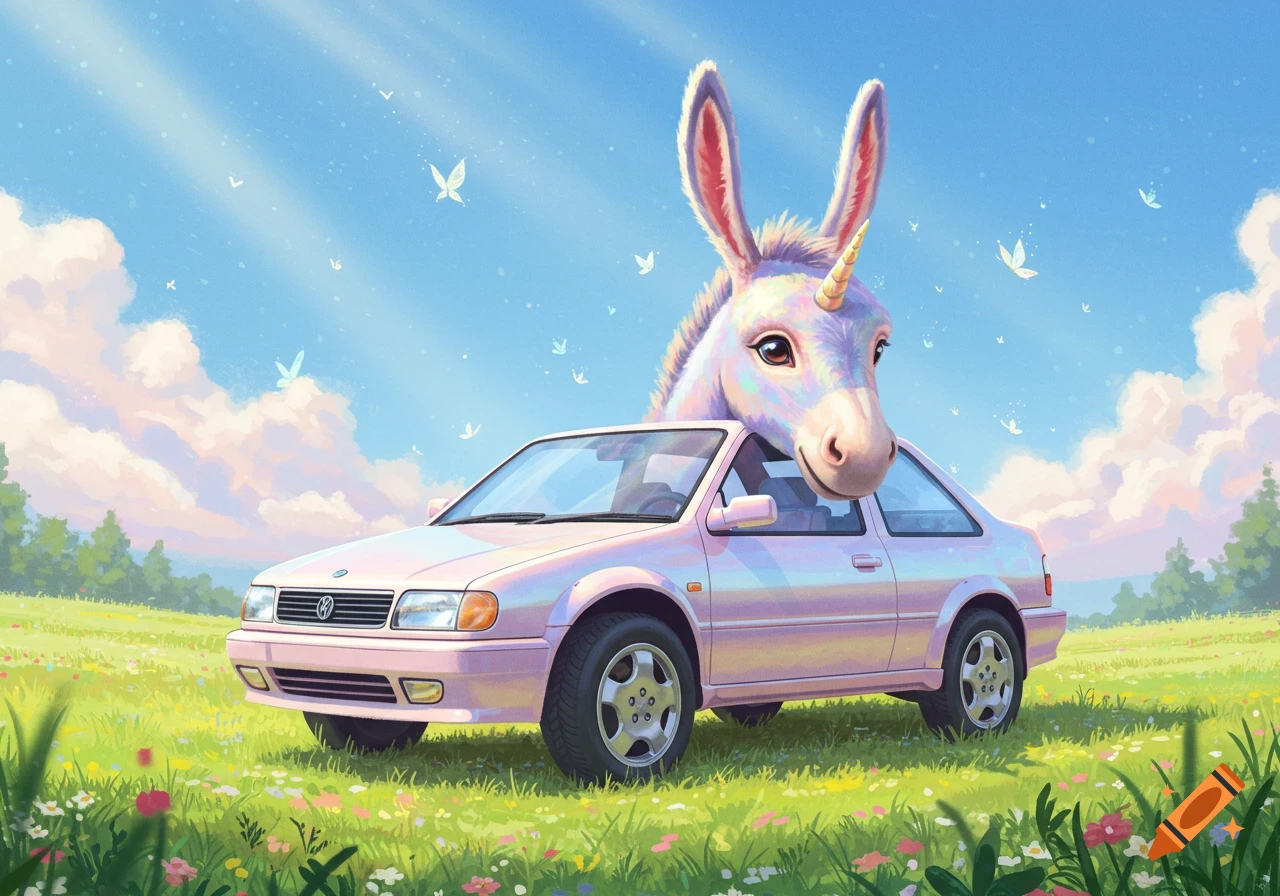 A fluffy, rainbow-colored unicorn-donkey head in a pink car, parked in a vibrant field under a blue sky with butterflies. Whimsical art style.