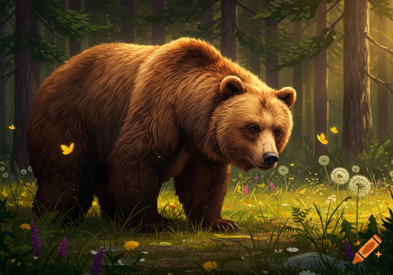 A curious brown bear stands in a sunlit forest clearing filled with wildflowers and butterflies, in a digital painting style.