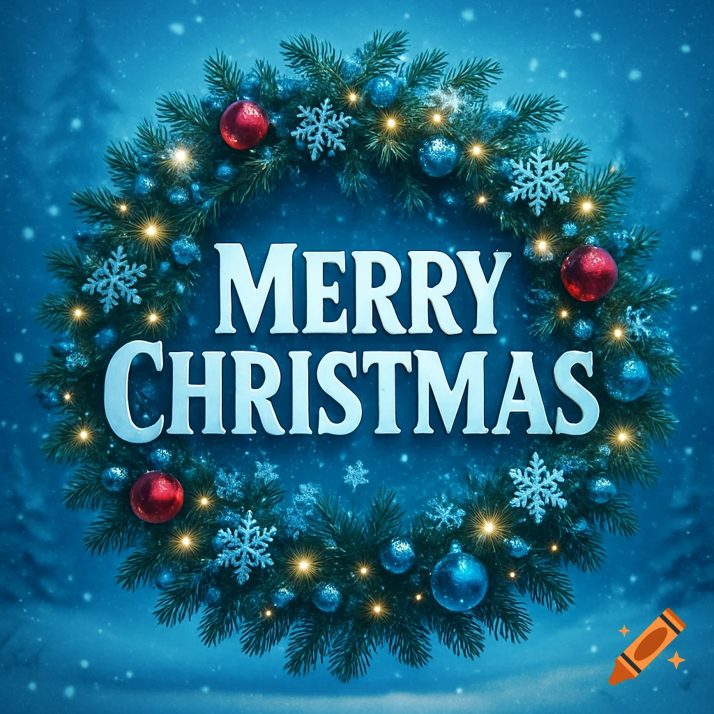A festive Christmas wreath with red and blue ornaments, snowflakes, and lights, on a blue snowy background, with 'MERRY CHRISTMAS' written in the center.