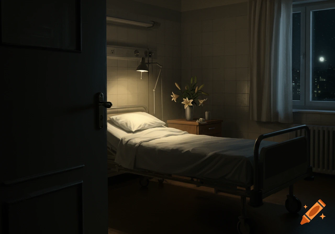A dimly lit hospital room with an empty bed, a bedside lamp, flowers on a nightstand, and a window showing a city under a moonlit sky.