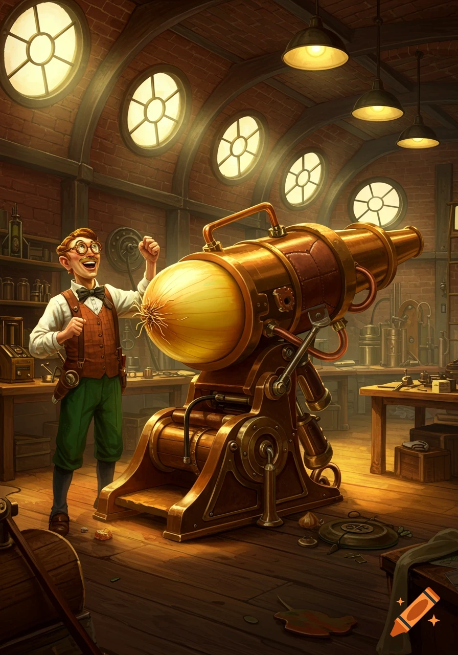 A joyful, cartoonish inventor in a steampunk workshop proudly stands next to his large onion launcher bazooka.