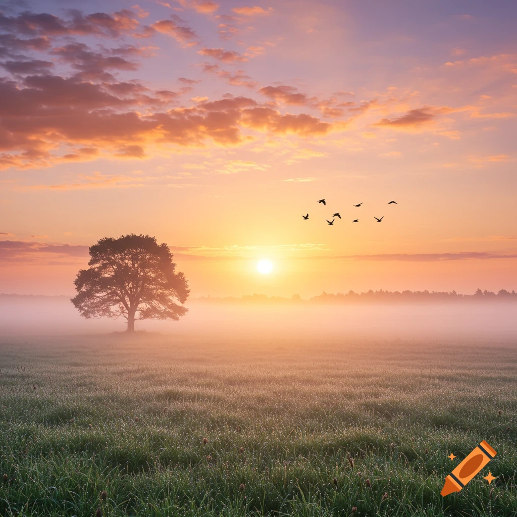 A serene misty field at sunrise with a silhouetted tree and birds flying under a vibrant orange and purple sky.