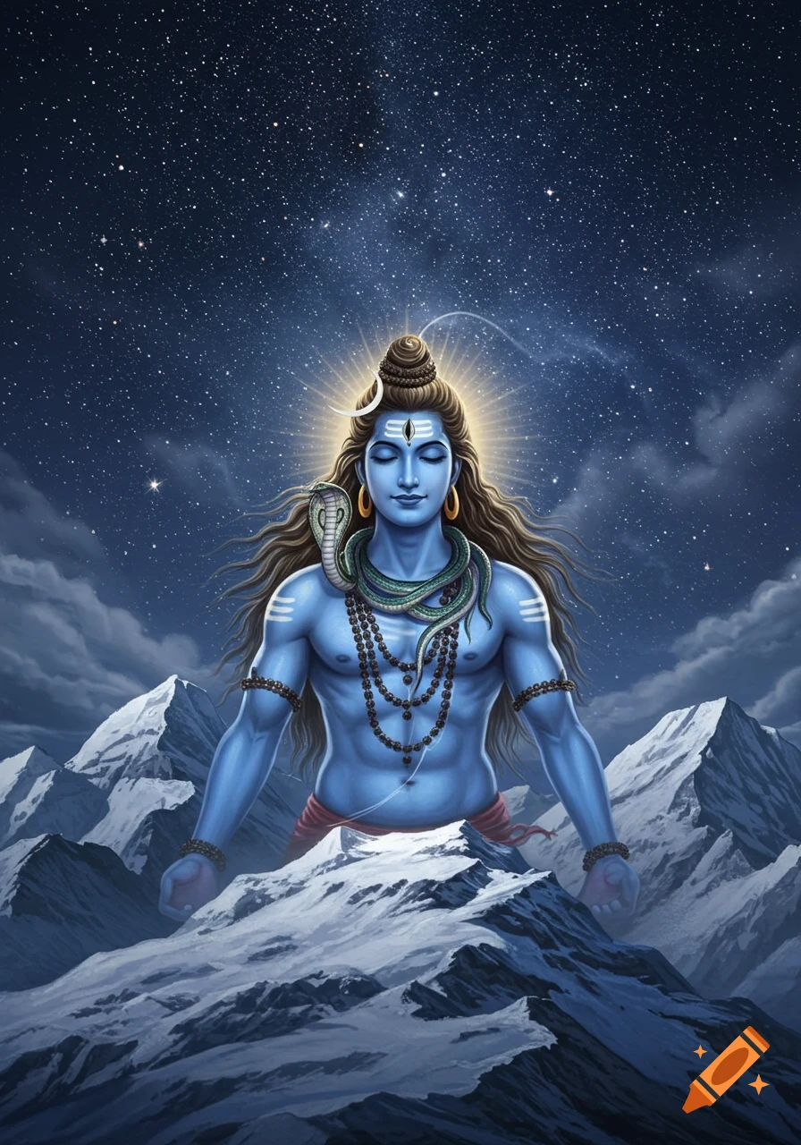 Blue-skinned Lord Shiva meditating atop a snowy mountain under a starry night sky, depicted in a vibrant spiritual art style.