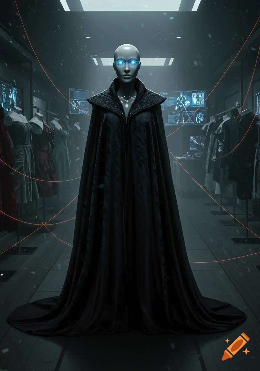 A bald, pale robot with glowing blue eyes in a long black cloak stands in a dark, futuristic fashion store.